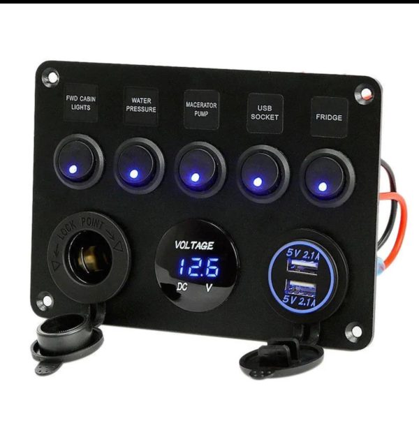 5 Gang 12V LED Light Switch Control Panel Camper Van RV Voltmeter 2 USB Charger - Image 2