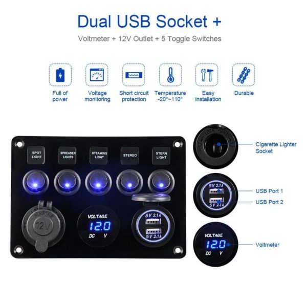 5 Gang 12V LED Light Switch Control Panel Camper Van RV Voltmeter 2 USB Charger