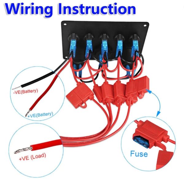 5 Gang 12V LED Light Switch Control Panel Camper Van RV Voltmeter 2 USB Charger - Image 3